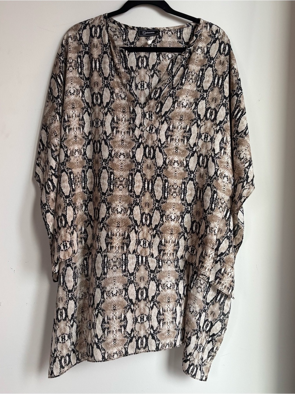 Faux Snake-Print V-Neck Tunic Top - Beige/Black - Size Large - Swagger